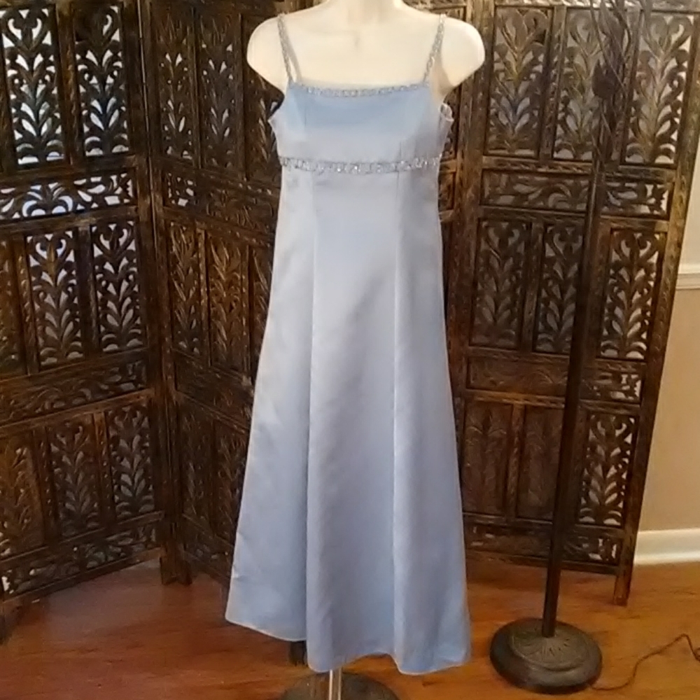 Long light blue dress with beading, size 10 child